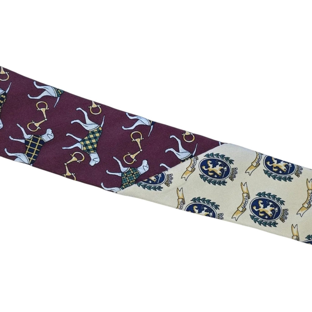 Vtg 90s Tommy Hilfiger Silk Tie Burgundy Hunting Dog Equestrian Crest USA Made